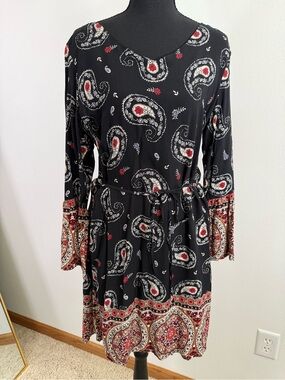 Clotheshead Paisley Border Print Bell Sleeve Dress Black Red S